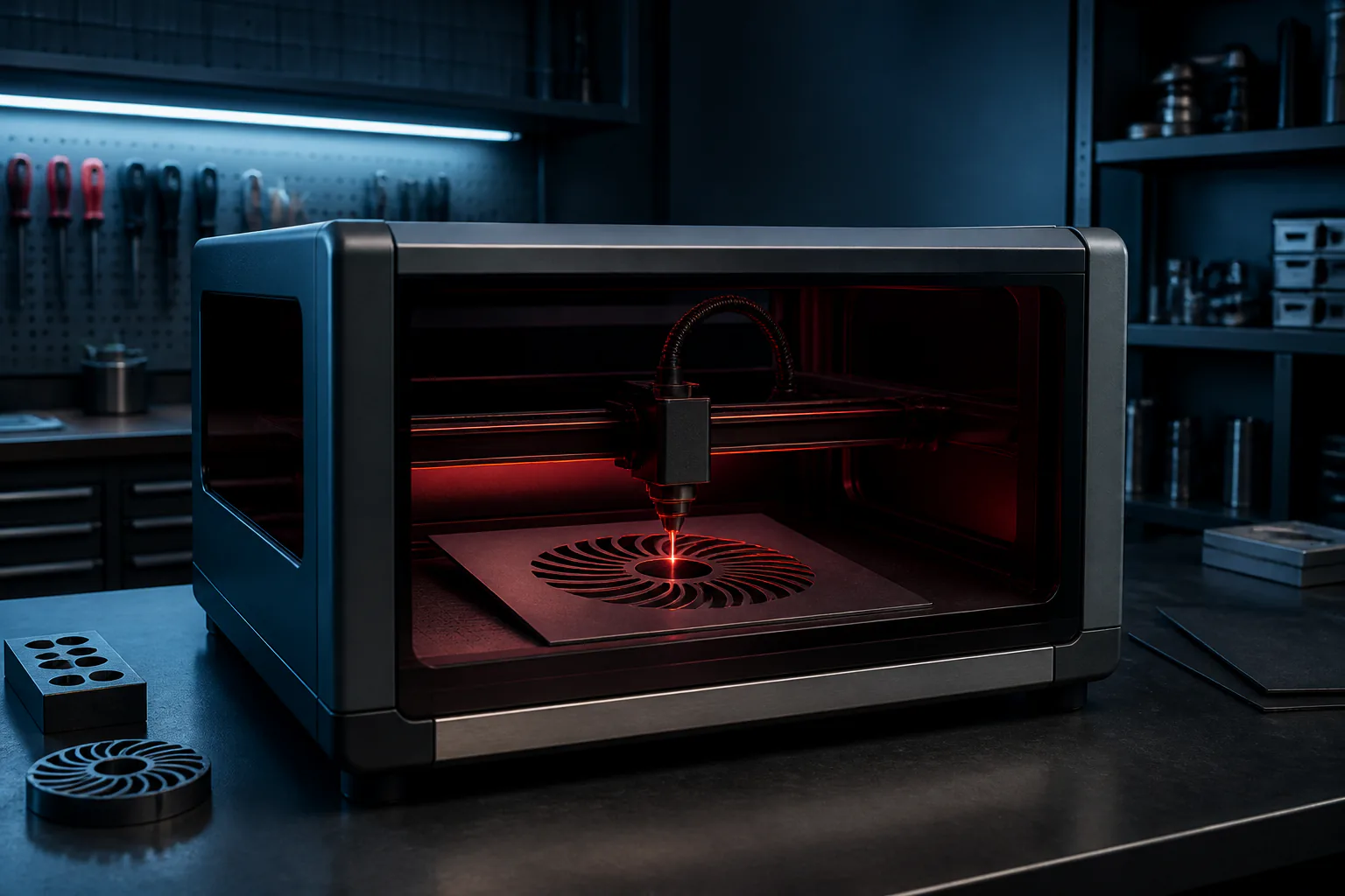 Enclosed laser system used for custom fabrication and marking